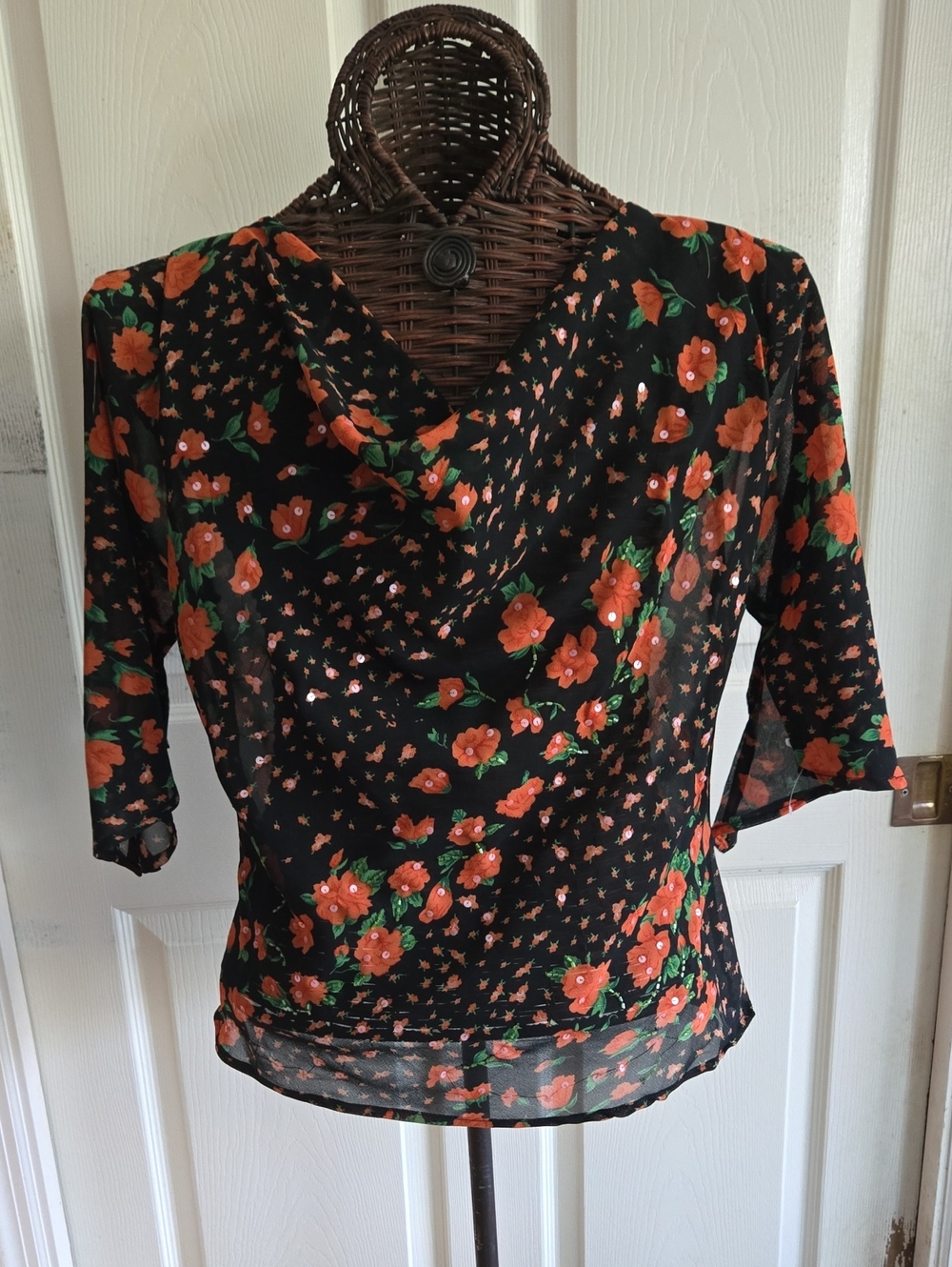 Black Floral Cowl Neck Women's Top - Orange Floral